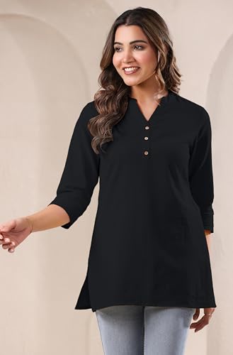 Image of Janasya Women's Light Blue Linen Cotton Solid A-line Top