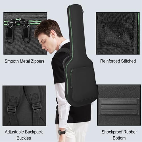 Image of Electric Guitar Bag 7MM Soft Padded Electric Guitar Case 39 Inch Gig Bag Backpack with Back Hanger Loop and Shoulder Strap, Green Zipper