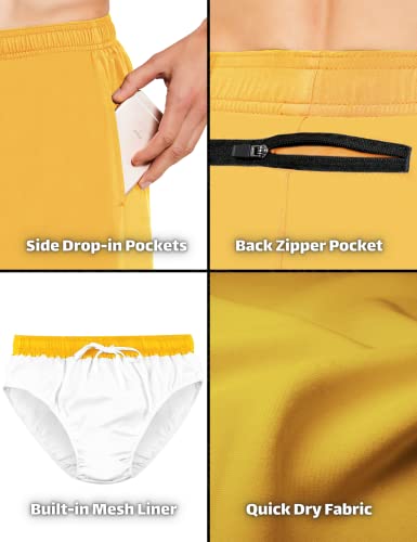 Demozu Men's 5 Inch Running Shorts Lightweight Quick Dry Athletic Tennis Workout Gym Shorts With Pockets, Yellow, L #TOP4