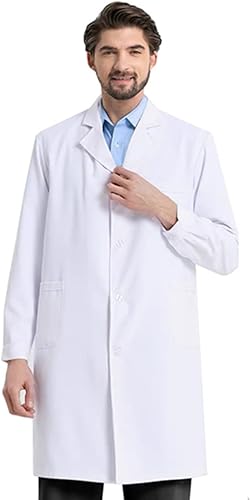 GDEOUP Abrigo de laboratorio profesional para hombre, manga larga, polialgodón de manga larga, blanco científico médico abrigo de laboratorio
