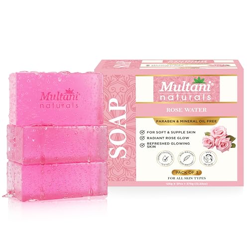 Image of Multani Naturals Rosewater Soap Bar For Bath (125 Gm - Pack Of 3) I Paraben Free | Clinically Tested | Herbal Soap Bar with Rose Water & Glycerin | Helps Sooth & Calm Irritated Skin, Hydrate & Softens Skin | For All Skin Types | Soap For Men & Women