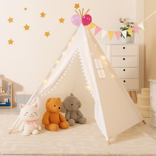 Tipi Zelt für Kinder, Kinderzelt Indoor Outdoor, Tippi Spielzelt mit dicker Segeltuch & Ständer aus Massivholz, inkl. Tasche, Lichterkette, 2 Ballons & Wimpel, Graffiti-Kreativzelt, Geheimes Spielhaus Tipi Zelt für Kinder, Kinderzelt Indoor Outdoor, Tippi Spielzelt mit dicker Segeltuch & Ständer aus Massivholz, inkl. Tasche, Lichterkette, 2 Ballons & Wimpel, Graffiti-Kreativzelt, Geheimes Spielhaus