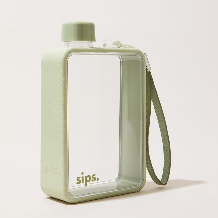 Sips. Flat Water Bottle 480ml, BPA Free Tritan Small Water Bottle for Purse, Gym, Travel, Leakproof, TPU Grip, PU Strap, 13 Colors — image 1
