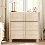 Hotmeily 31.5" Wide 3 Drawer Nightstand, Wood Grain Chest of Drawers, Large Bedside Storage Cabinet with Drawers for Bedroom and Living Room, Curved Design with Rounded Wood Handles,Natural Wood