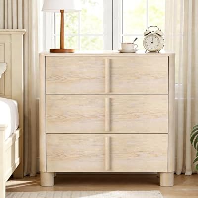 Hotmeily 31.5" Wide 3 Drawer Nightstand, Wood Grain Chest of Drawers, Large Bedside Storage Cabinet with Drawers for Bedroom and Living Room, Curved Design with Rounded Wood Handles,Natural Wood