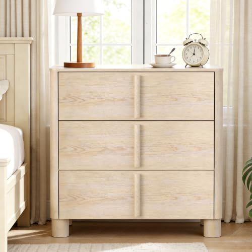 Image of 31.5 inch Wide 3 Drawer Nightstand, Wood Grain Chest of Drawers, Large Bedside Storage Cabinet with Drawers for Bedroom and Living Room, Curved Design with Rounded Wood Handles,Natural Wood