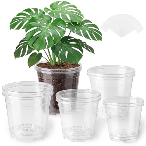 MeiVista 8 Pack Clear Nursery Pots with Drainage Holes 5/6/6.7/7.5 Inch Sturdy Transparent Plastic Planters for Indoor & Outdoor Includes 10 Labels Ideal for Seed Starting and Planting