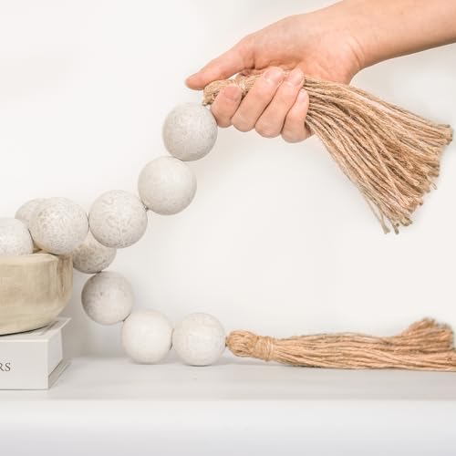 RUIRUICO Extra Large Wood Bead Garland with 1.6" Diameter Wooden Beads and Tassels, Decorative Beads Home Decor, Farmhouse Beads Decor (Rustic White, 41 Inches)