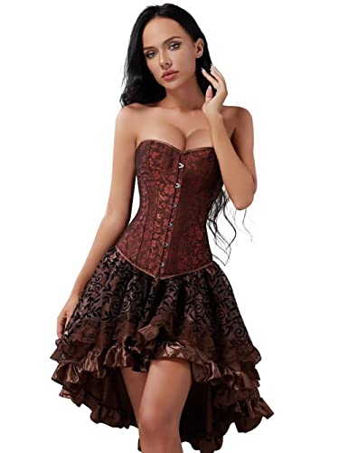 Jutrisujo Korsett Kleid Rock Set Damen Kostüm Pirat Corsage Corset Dress Bustier Korsage Corsagenkleid Halloween Piratenkleid Braun S