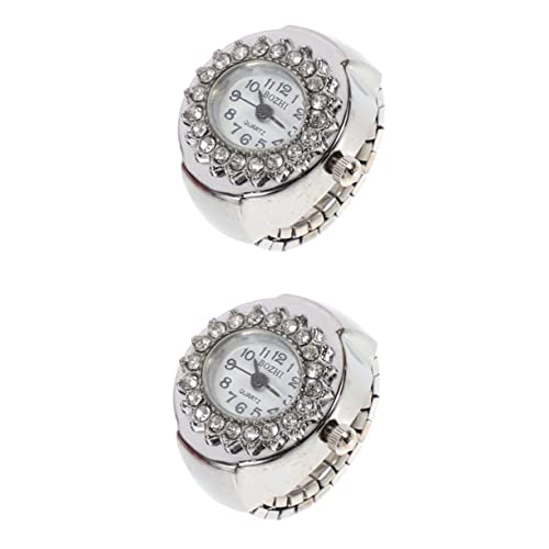 Gatuida 2stücke Rhinestone Uhr Für Damen Elegante Fingerringuhr Mit Glitzersteinchen Schmuckuhr Für Mädchen Stilvolle Armbanduhr Mit Quarzwerk Silberfarben