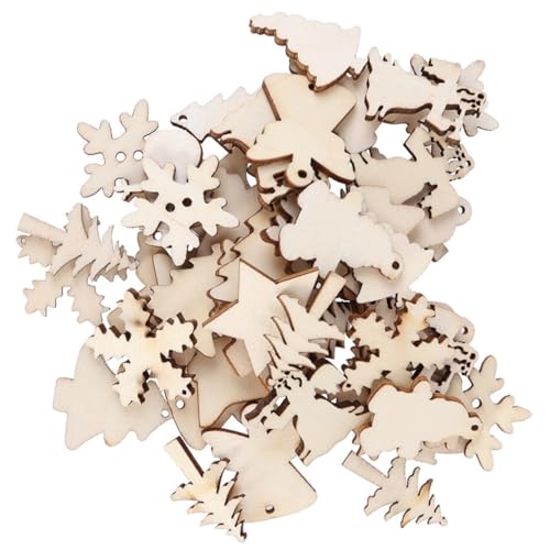 BATHVEVE 50 Pièces Formes Artisanales en Bois Non Finies pour Décoration de Noël, Motifs Variés Sapin, Bonhomme de Neige, Flocon, Étoile, Bois Naturel...