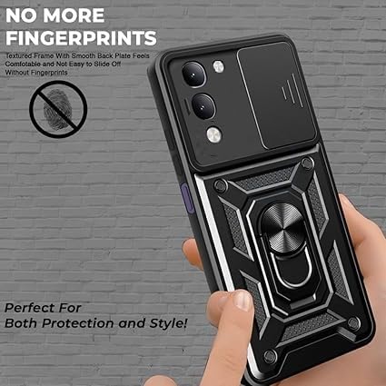 Image of SPAZY CASE Vivo T4 Lite 5G Back Cover | Heavy Duty Hybrid Case with 360 Degree Rotating Finger Ring Holder + Slider Shutter Camera Protection Case for Vivo T4 Lite 5G - Black