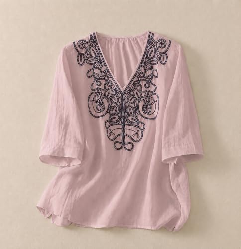 Image of RIEKA Womens Tunic Top with Floral Embroidery V Neck 3 /4 Sleeve Relaxed Fit Casual Ethnic Fusion Top Lightweight Sheer Fabric Everyday Wear for Women