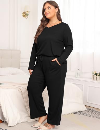 Women's Plus Size 2 Piece Pajama Lounge Sets Knit Outfits Long Sleeve V Neck Tops Wide Leg Pants with Pockets4