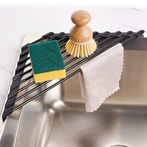Tomorotec Small Triangle Roll Up Dish Drying Rack with Silicone Coating Stainless Steel Frame for Sink Corners Multipurpose Over The Sink Kitchen Drainer Organizer for Space Saving Storage Black