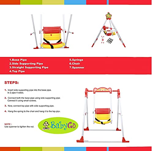 Image of BabyGo Kids Swing for 1-5 Years | Heavy-Duty Metal Frame Baby Swing Seat with Safety Belt | Indoor & Outdoor Foldable Toddler Swing | 30kg Capacity | Easy DIY Installation - Yellow & Red