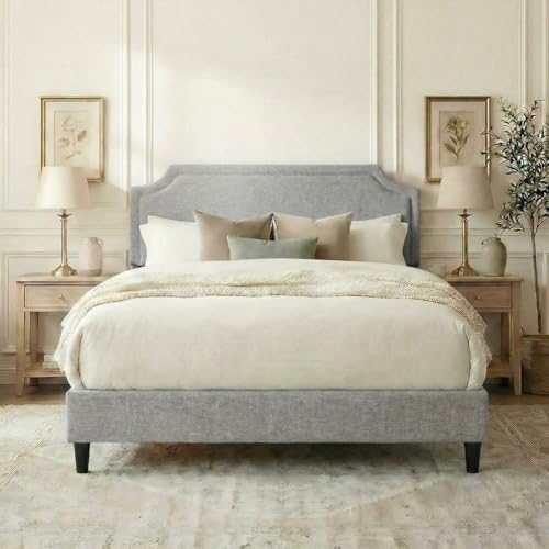 SHA CERLIN Queen Bed Frame Chenille Upholstered Platform Bed with...