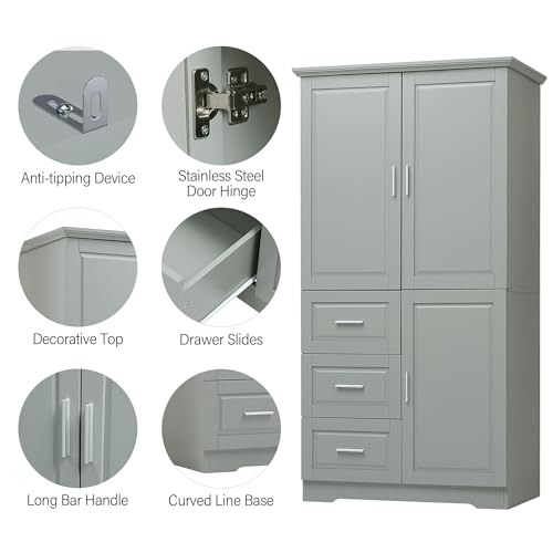 Image of Merax 62.2 inch Pantry Cabinet with Three Doors & Three Drawers, Adjustable Shelves Storage Cupboard for Kitchen /Dining Room /Bathroom, Gray