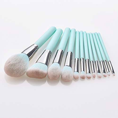 Makeup Brushes Set 12 Pieces Professional Cosmetic Makeup Brush Kit with Wooden Handle Synthetic Bristle for Face Powder Foundation Blending Eye Shadow Concealer Makeup Brush Bag (Light Blue)