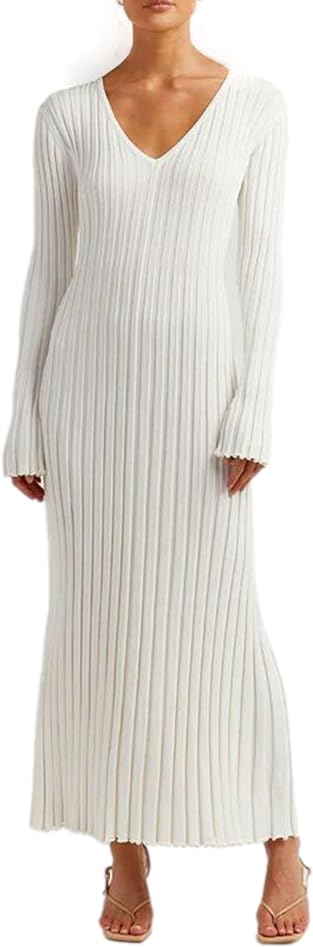 Image of Women's Long Knit Crewneck Sweater Dress Tie Waist A-Line Swing Pleated Bodycon