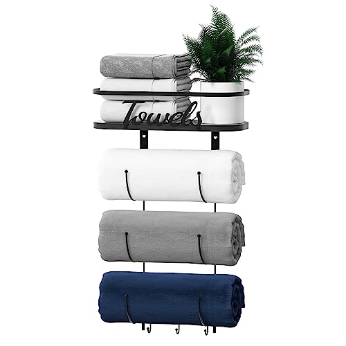 Towel Rack with Wood Shelf Towel Holder for Bathroom Wall Mount with 3 Hooks for Small BathroomRVCamper Black