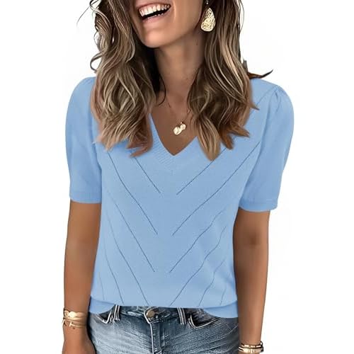 LOMON Womens Sweaters Puff Short Sleeve V Neck Lightweight Knit Summer Tops