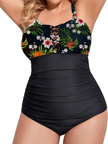 Yutdeng Bañador Mujer Talla Grande Traje de Baño de Una Pieza Sexy Bañadores Mujer Reductores Fruncido Monokini Push Up Relleno Control de Barriga Correa Cruzada Swimsuit Cintura Alta Elegante Playa