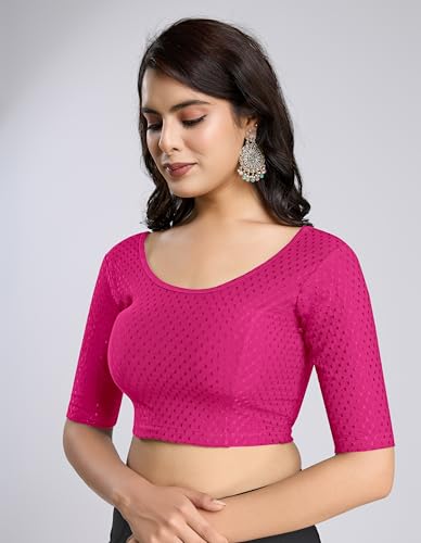 Image of TRENDMALLS Women's Dobby Pure Cotton Elastin Stretchable Readymade Round Neck Elbow Length Sleeves Blouse Choli Stylish Saree Blouse Ready to Wear