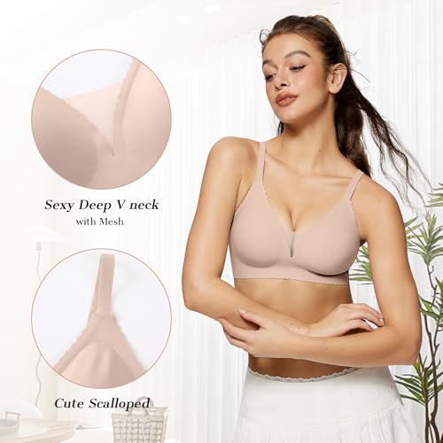 Image of OEAK Womens Comfortable Bras Wireless Bras Push Up Bralettes Scalloped Mesh Bras Seamless Tshirts Bras Deep V Everyday Bras