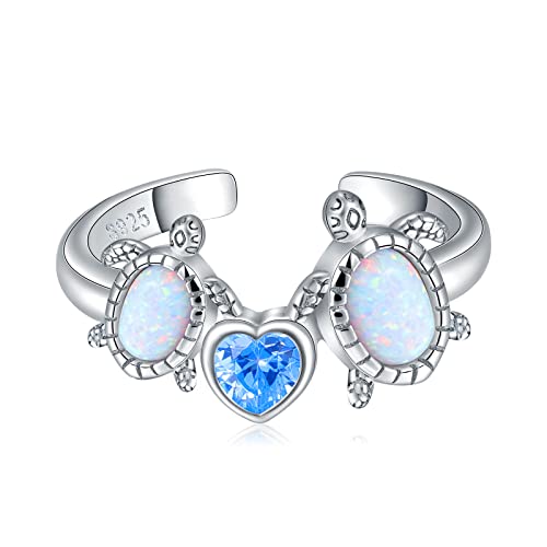 Ejalen 925-Sterling-Silver Opal Sea Turtle Ring - Inspirational I Love You Forever Adjustable Open Nature Ocean Mother Daughter Ring Cute Animal Jewelry Gifts For Women Girls (Turtle Heart Ring) #TOP2