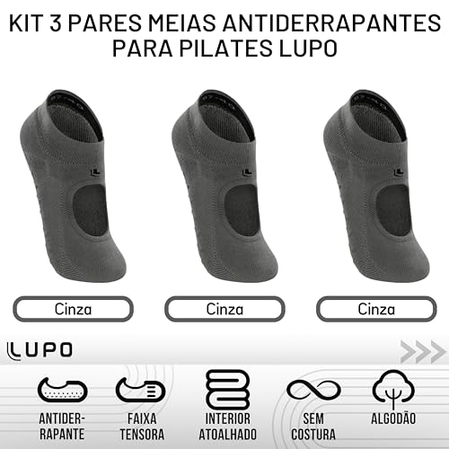 Kit 03 Meias Lupo Sapatilha Antiderrapante Pilates Feminino Adulto | 3 Cinza | 37-40