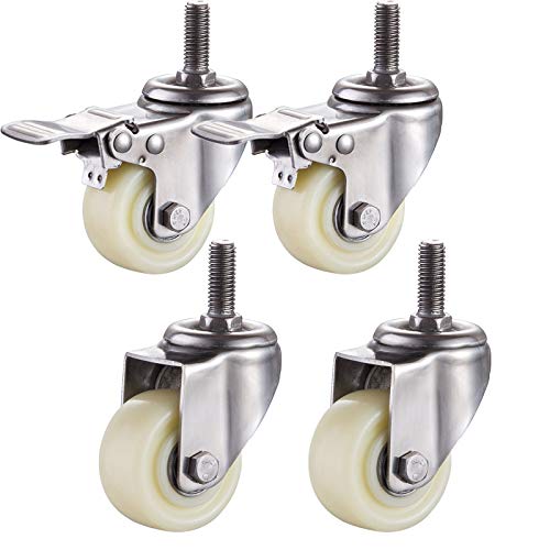 Jolan 4 Piezas,Ruedas De Nailon con Freno,Ruedas Giratorias,Ruedas De Transporte,Pernos M8/M10/M12,Ruedas para Muebles Pesados,Carga De 400Kg,2brakes+2no Brakes,50mm/M10 Cover