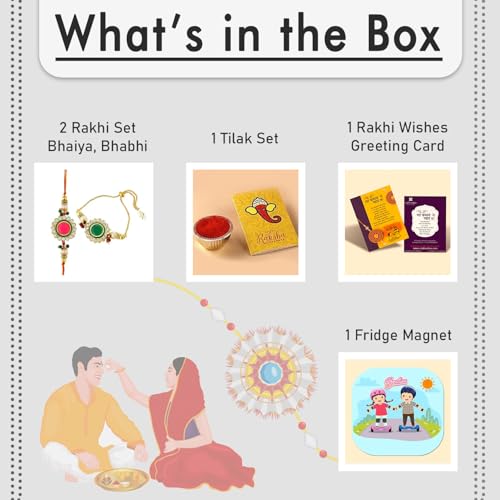 Image of CraftVatika Rakhi for Brother Bhabhi Gift Combo, Kundan Rakhi with Fridge Magnet, Couple Pair Rakhi for Bhaiya Bhai Bhabhi, Set of 2 Kundan Rakhi for Men Women Tilak Set