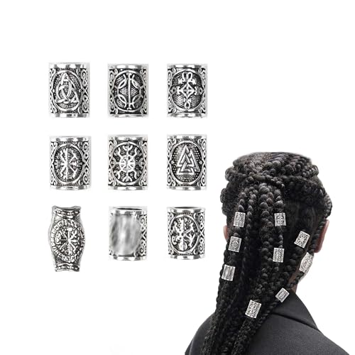 TUKEVA 9 Piezas Cuenta para barba vikingas Perla Vikinga para Barba Cuenta de Rastas Vintage de Aleación para Trenzar y Peinar la Barba para DIY Accesorios para el cabello Trenzas Decoración(Plata)