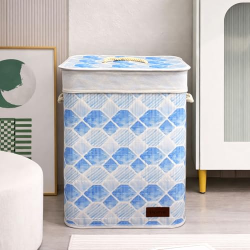 Image of Amazon Brand - Umi Rectangle Bamboo Laundry Basket for Clothes with Lid Geometric Printed Hamper | Eco-Friendly, Foldable & Lightweight Organizer (Blue, 40x30x50 cm, Pack of 1)