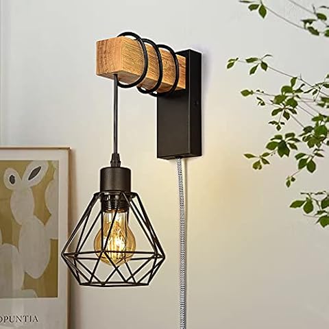 Modern Plug in Wire Wood Cage Wall Lamp Industrial Rustic Lift Pipe - Retro Pendant Lamp Adjustable Hanging Wall Mount Lights Fixture - Wall Sconces Decoration for Indoor Living Room Bedroom (Black) Cover
