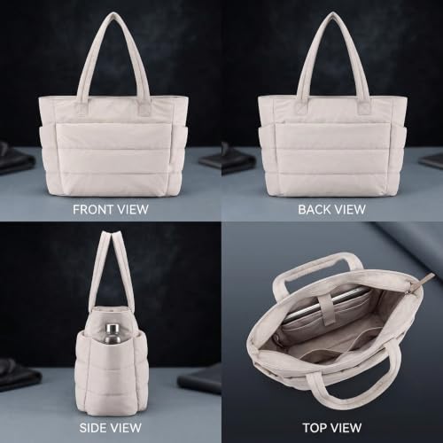 Image of Quilted Puffy Tote Bag for Women | Large Capacity | Soft Nylon Padded Design | Lightweight & Spacious | Ideal for Work, Travel, Shopping (Biege)