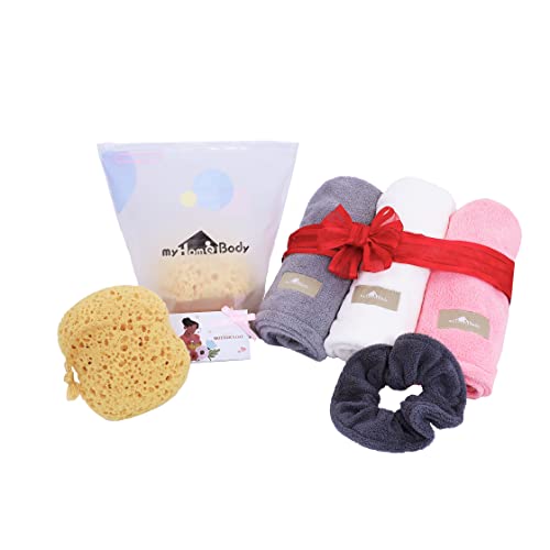 Moms Hair and Body Bundle - 3 Pack Premium Foam Bath Sponges with 3 Pack Microfiber Hair Towel Wraps