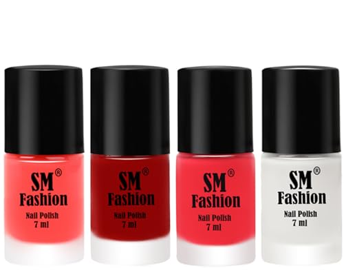 Image of Nail Polish Combo Set (Pack of 4) Quick Dry Gel Finish Nail Paint | Baby Pink,Light Red,Rose Pink,White | 7 ml Each