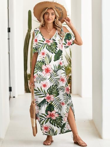 Image of BELAROI Womens Cold Shoulder Maxi Dress Plus Size V Neck Summer Sundresses with Pockets Beach Coverup Vacation Outfits