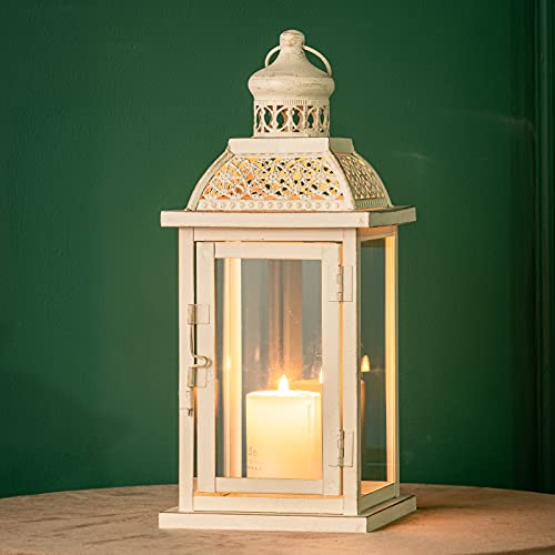 DECORKEY Large Decorative Candle Lantern, 14.4 inch Outdoor Lantern with Clear Glass, Vintage Metal Tabletop Lantern, Candle Holders for Fall Decor, Outdoor Patio Wedding Party Decor (Square)