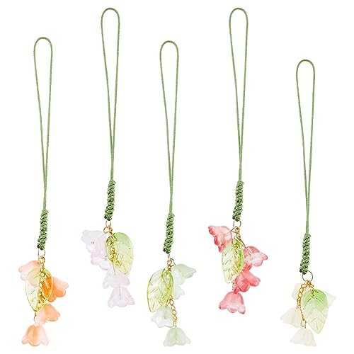 BENECREAT 5 Colors Cell Phone Strap Charms, Flower Pendant Charm Pocket Keychain Strap Leaf Phone Accessories for Car Key Purse Decoration Bags Keychain, 4.7 inch long