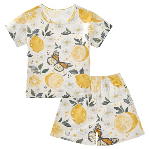 ALAZA Lemon Flower Butterfly Pajamas Short Sleeve 2 Piece Sleepwear Top and Bottom Pajama Set Unisex