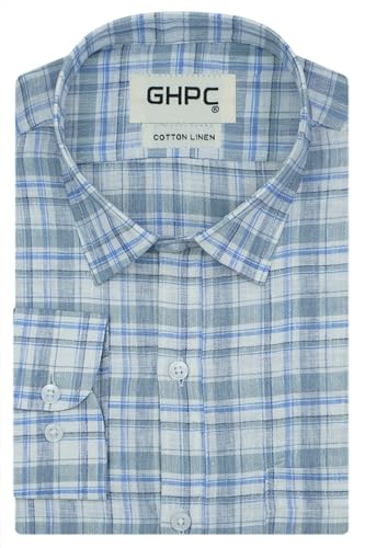 Image of GHPC Cotton Linen Plaid Checks Full Sleeves Regular Fit Formal Shirt for Men