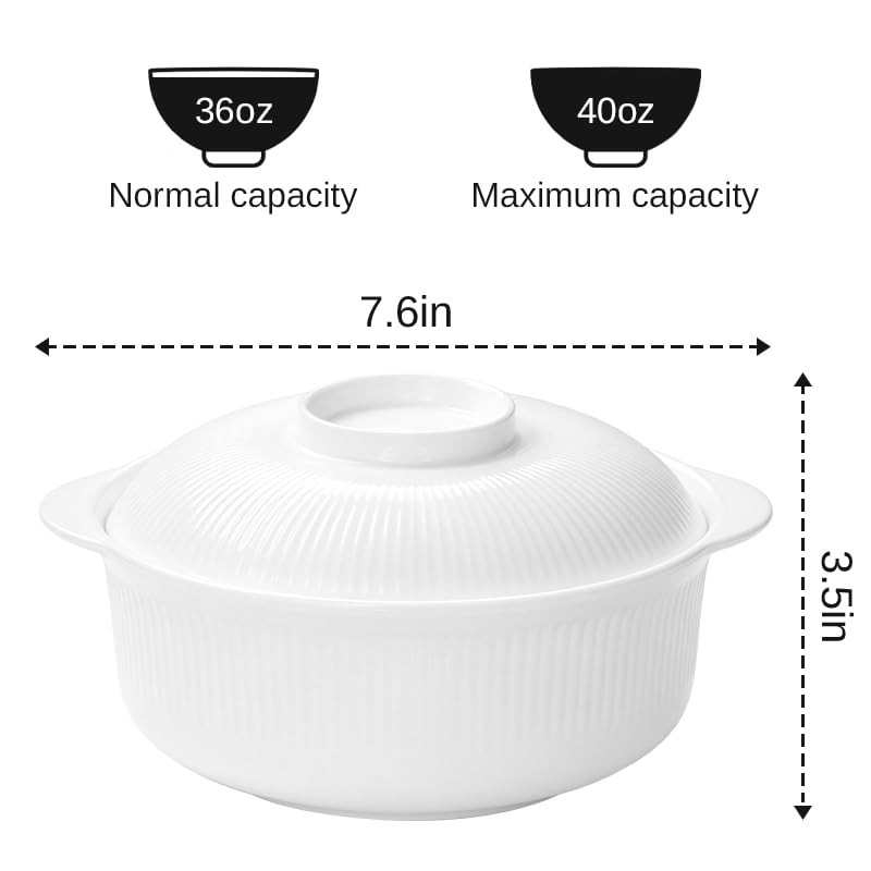 Image of White 40oz Cereal Bowls with lid set of 4,Microwave Safe,Family&Camping