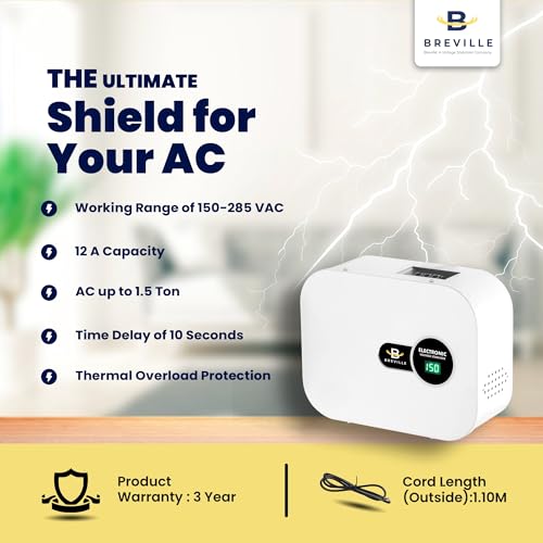 Image of Breville 4kVA Digital Voltage Stabilizer Upto 1.5 Ton AC | 150V-285V | Digital Display | Low & High Voltage Protection for Inverter, Split & Window AC | 3-Year Warranty (White)