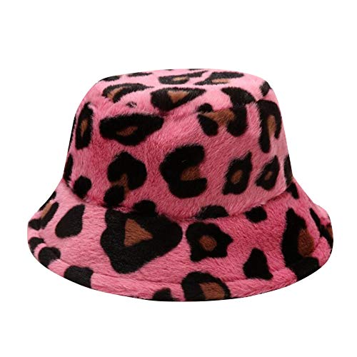 uniquetotop Women's Winter Warm Bucket Hat Artificial Fur Fuzzy Plush Hat Girl's Warm Leopard Print Fisherman Hat-Rose Red