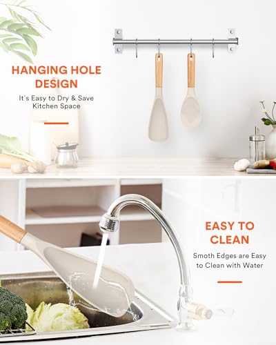 Image of Cooking Spoon And Rice Scooper for Nonstick Cookwares, Great for Cooking and Serving Durable BPA-Free Matte Silicone, Wood Handle Spoon for Mixing, Scoop, and Scrape