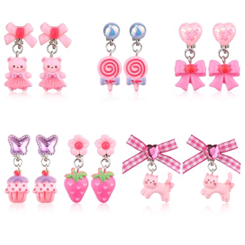 Mikovivi 6 Pairs Colorful Ear Clip Pendant, Non Pierced Clip Stick on Drop Earrings Resin Princess Bow Fruit Animal Style with Bear Cat Cake Candy Dress Up Jewelry Set