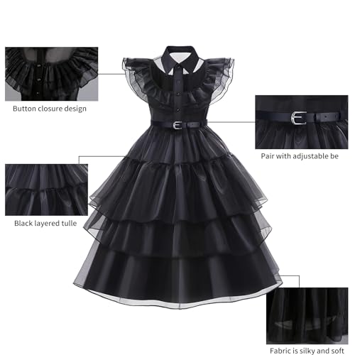 Snarflun Halloween-Kostüm für Mädchen, 8-teilig, Mittwoch Addams, Kleid für Karneval, Party, Halloween, Cosplay,130 cm,140cm (130)